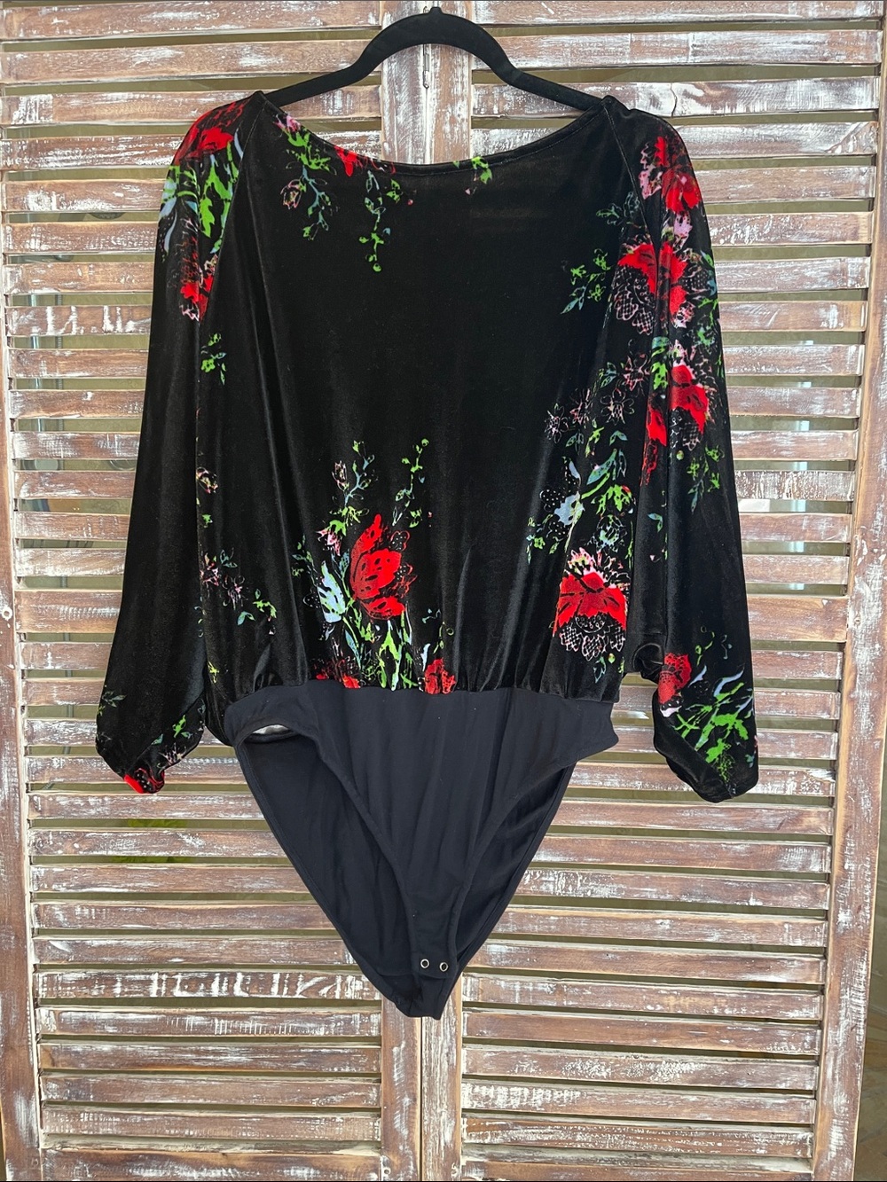 Free People Black Velvet Floral Bodysuit with Red & Green Accents